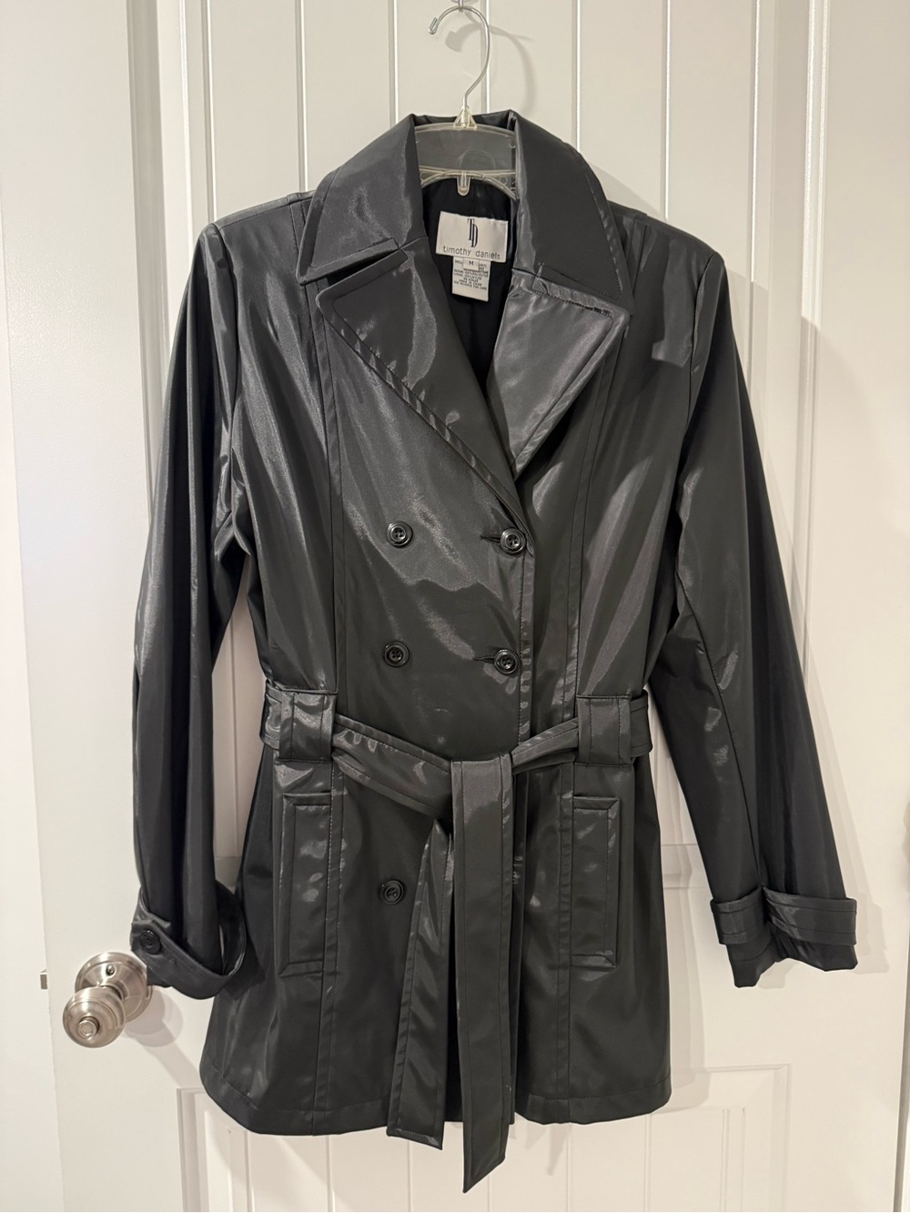 Black Shiny Double-Breasted Belted Trench